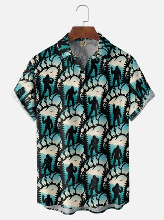 Moisture Wicking Gradient Halloween Bigfoot & Bat Chest Pocket Hawaiian Shirt