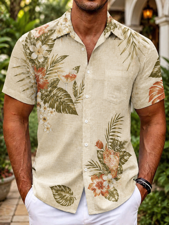 Linen Texture Tropical Leaf Print Chest Pocket Casual Shirt