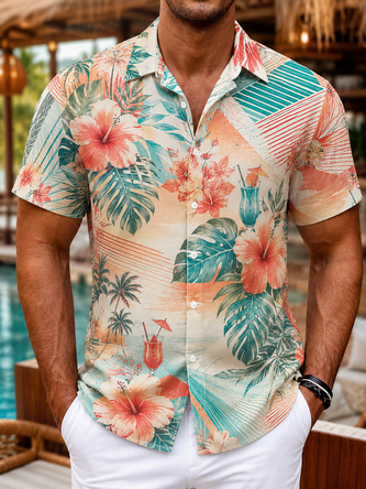 Linen Texture Tropical Geometric Botanical Print Casual Shirt