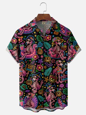 Moisture Wicking GradientHalloween Themes Skull Flamingo Pumpkin Floral Bat Chest Pocket Hawaiian Shirt