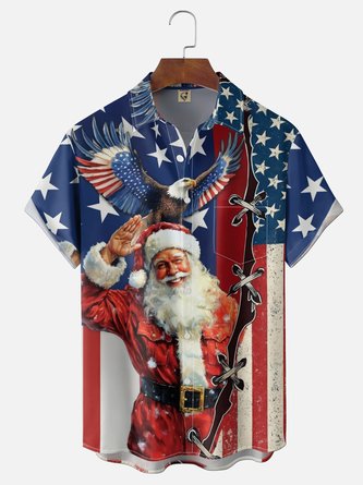 Moisture Wicking Gradient Santa Claus US Flag Eagle Design Chest Pocket Hawaiian Shirt