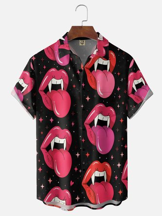 Moisture Wicking Gradient Halloween Devil Lips & Tongue Chest Pocket Hawaiian Shirt