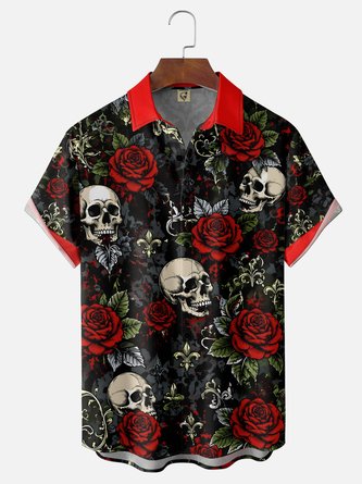 Moisture Wicking Gradient Halloween Skull & Chest Pocket Hawaiian Shirt
