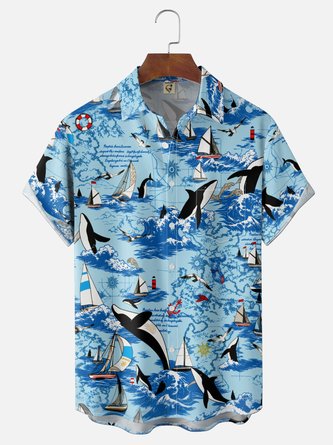 Moisture Wicking Vintage Map Whale Sailboat Print Chest Pocket Hawaiian Shirt