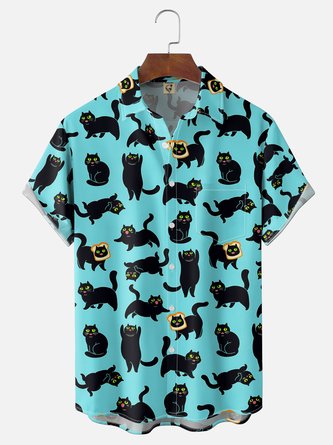 Moisture Wicking Gradient Fun Cat & Bread Slice Chest Pocket Hawaiian Shirt
