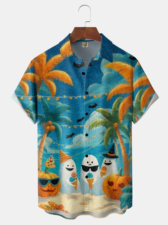 Moisture Wicking Halloween Pumpkin Ghost Coconut Tree Vacation Chest Pocket Hawaiian Shirt
