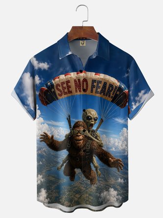 Moisture Wicking Fun Bigfoot Alien Parachute Chest Pocket Hawaiian Shirt