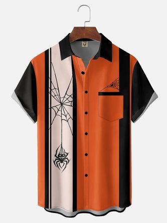 Moisture Wicking Halloween Striped Pumpkin & Spiderweb Chest Pocket Bowling Shirt