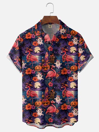 Moisture Wicking Halloween Tropical Plant Firework Flamingo Pumpkin Print Chest Pocket Hawaiian Shirt