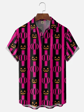 Moisture Wicking Halloween Striped Pumpkin Demon Head Holiday Chest Pocket Hawaiian Shirt