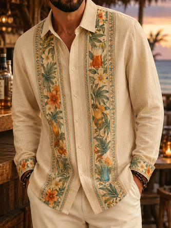 Linen Texture Striped Tropical Leaf & Floral Print Long Sleeve Guayabera Shirt
