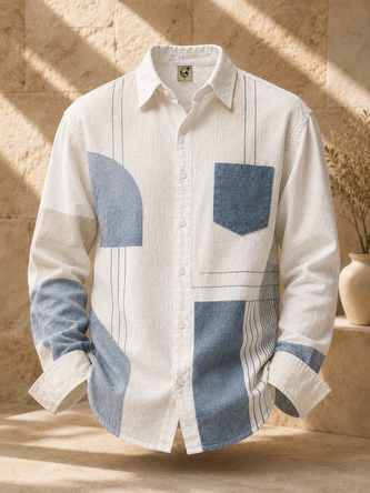 Linen Texture Geometric Stripe & Block Casual Chest Pocket Long Sleeve Shirt