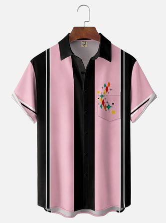 Moisture Wicking Gradient Geometric Block Chest Pocket Bowling Shirt