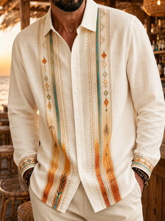 Linen Texture Geometric Stripe Casual Long Sleeve Guayabera Shirt