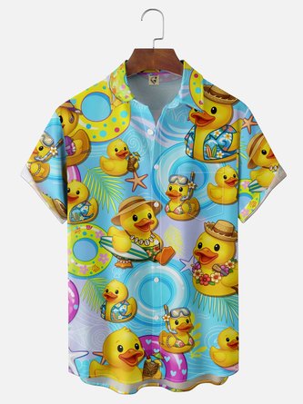 Moisture Wicking Gradient Leaf & Rubber Duck Print Chest Pocket Hawaiian Shirt