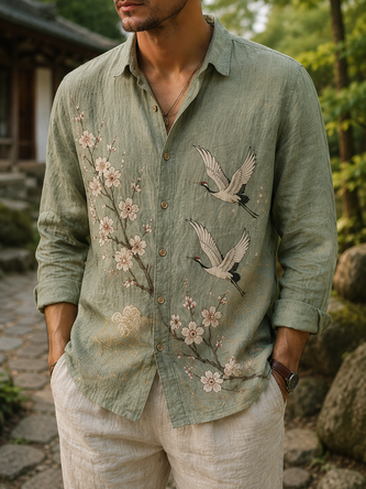 Linen Texture Blossom & Crane Motif Long Sleeve Casual Shirt