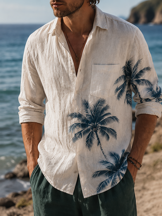 Linen Texture Tropical Coconut Tree Print Chest Pocket Long Sleeve Casual Shirt