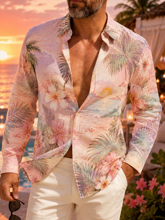 Linen Texture Tropical Leaf Print Casual Long Sleeve Shirt