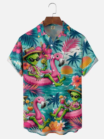 Moisture Wicking Gradient Tropical Plants & Alien Flamingo Floatie Cocktail Print Chest Pocket Hawaiian Shirt