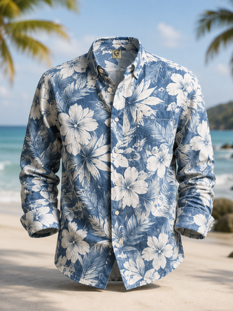 Linen Texture Tropical Leaf Print Chest Pocket Casual Long Sleeve Shirt