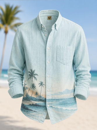 Linen Texture Tropical Sunset Beach & Palm Tree Print Chest Pocket Long Sleeve Casual Shirt