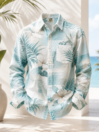 Linen Texture Tropical Stripe & Leaf Print Chest Pocket Casual Long Sleeve Shirt