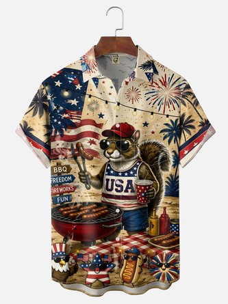 Moisture Wicking Gradient Hot Dog Day Squirrel American Flag Beach Chest Pocket Hawaiian Shirt