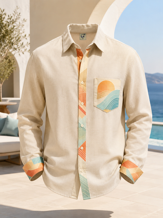 Linen Texture Solid & Geometric Block Chest Pocket Long Sleeve Casual Shirt
