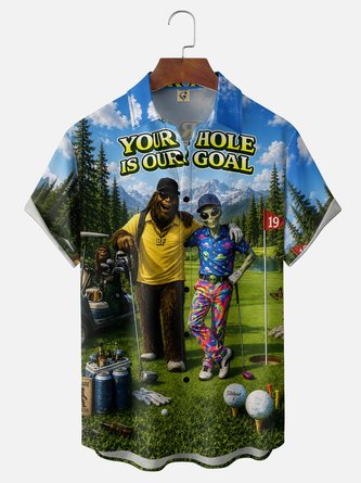 Moisture Wicking Fun Alien & Bigfoot Golf Print Chest Pocket Hawaiian Shirt