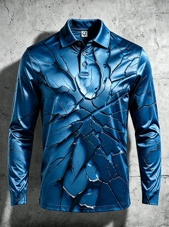 Moisture Wicking Gradient 3D Abstract Geometric Crackle Print Long Sleeve Hawaiian Golf Polo