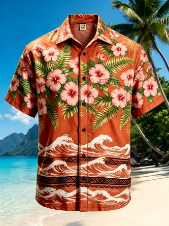 Moisture Wicking Ocean Waves Floral Chest Pocket Hawaiian Shirt