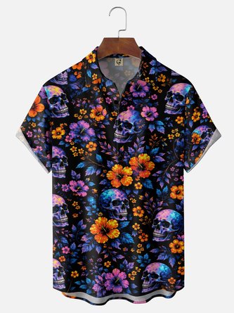 Moisture Wicking Neon Leaf Floral Skull Print Chest Pocket Hawaiian Shirt