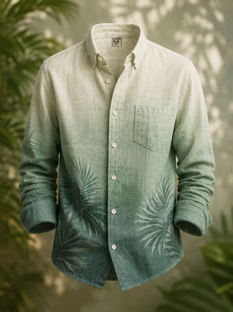Linen Texture Tropical Gradient Leaf Print Chest Pocket Long Sleeve Casual Shirt