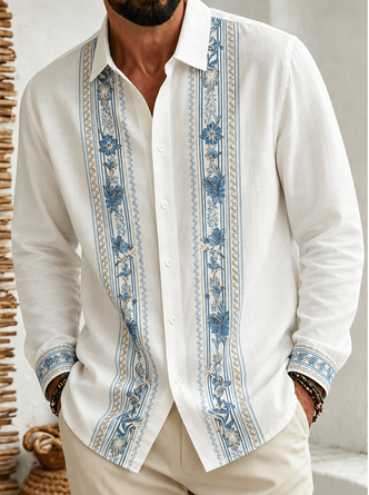 Linen Texture Tropical Leaf Stripe Print Long Sleeve Guayabera Shirt