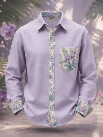 Linen Texture Solid Paneling Tropical Leaf Print Chest Pocket Casual Long Sleeve Shirt
