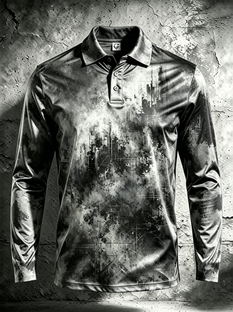 Moisture Wicking Gradient 3D Abstract Geometric Print Long Sleeve Hawaiian Golf Polo