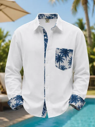 Linen Texture Casual Solid Paneling Tropical Leaf Print Chest Pocket Long Sleeve Shirt