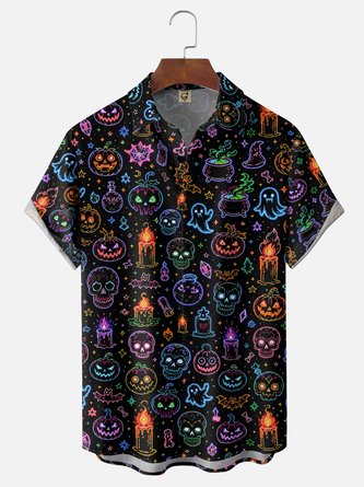 Moisture Wicking Day Dead Skull & Candle Print Gradient Chest Pocket Hawaiian Shirt