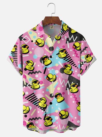 Moisture Wicking Gradient Rubber Duck Geometric Block Chest Pocket Hawaiian Shirt
