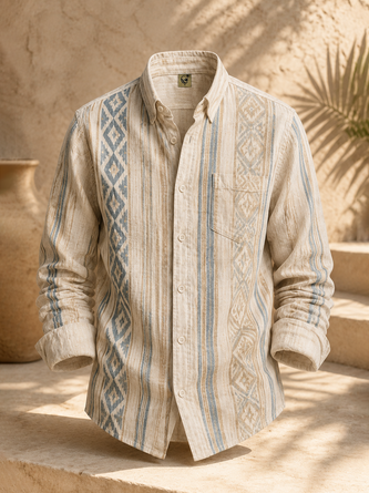Linen Texture Geometric Stripe Chest Pocket Long Sleeve Casual Shirt