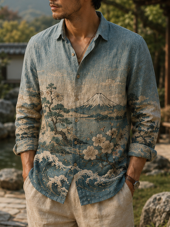 Linen Texture Ukiyo e Style Cherry Blossoms Mount Fuji Ocean Waves Casual Long Sleeve Shirt