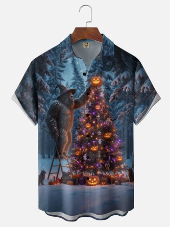Moisture Wicking Halloween Pumpkin Bigfoot Chest Pocket Hawaiian Shirt