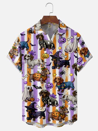Moisture Wicking Gradient Halloween Geometric Ghost Dachshund & Spiderweb Chest Pocket Hawaiian Shirt