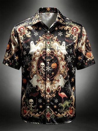 Silk Satin Breathable Gradient Designs Halloween Ghosts Pumpkins Skeletons Flamingos Spiderwebs Chest Pocket Hawaiian Shirt