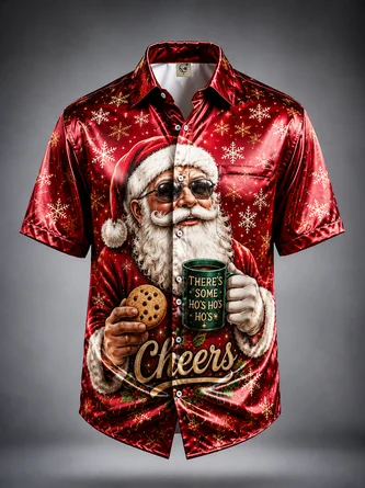 Breathable Silk Satin Santa Claus Christmas Print Chest Pocket Hawaiian Shirt