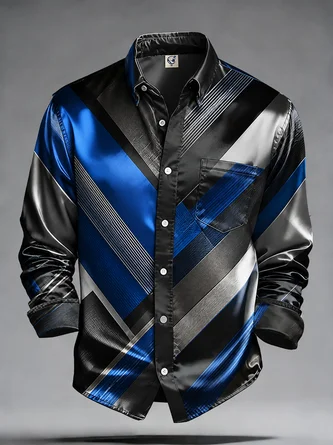 Breathable Silk Satin Geometric Stripes Chest Pocket Casual Long Sleeve Shirt