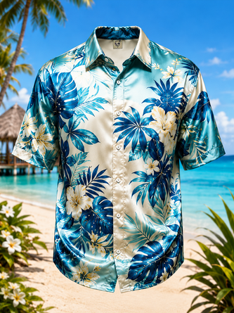 Breathable Silk Satin Tropical Floral Print Hawaiian Shirt