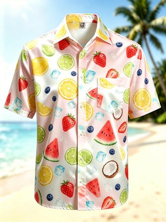Silk Satin Breathable Tropical Fruit Gradient Print Watermelon Lemon Strawberry Chest Pocket Hawaiian Shirt
