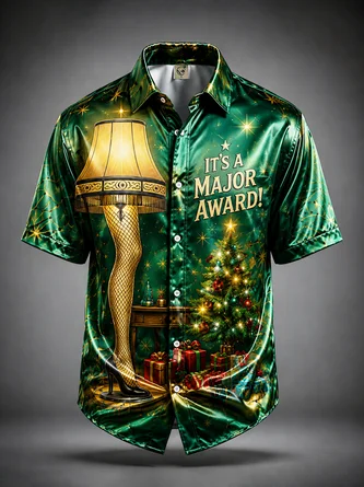 Breathable Silk Satin Christmas Leg Lamp Chest Pocket Hawaiian Shirt
