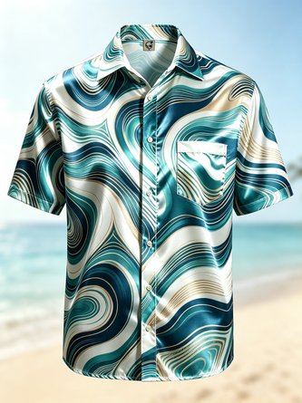Silk Satin Breathable Gradient 3D Abstract Geometric Stripes Chest Pocket Hawaiian Shirt